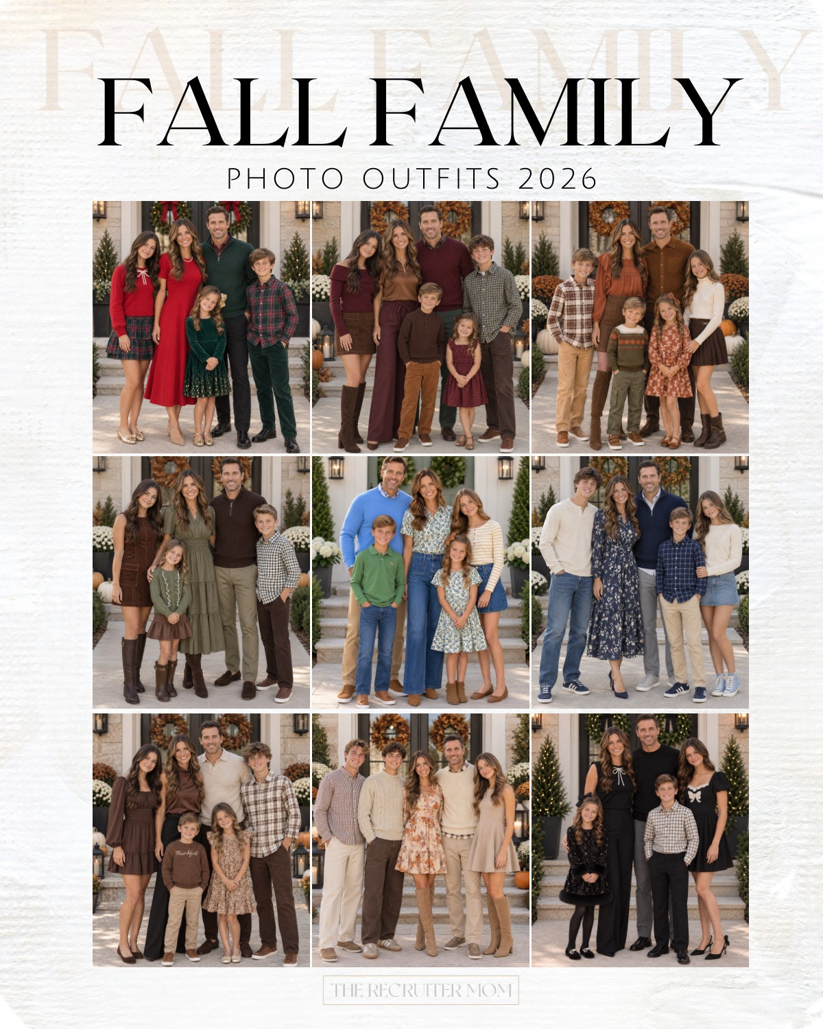 Fall family photo outfits, nine ways 🍂 Pick your palette, from rust and olive to navy and cream to holiday red and green. Y'all, every look coordinates without being matchy, and the kids' pieces are comfy enough to survive the whole session. 

See all these color schemes at therecrutiermom.com  

AI generated photos  

 #LTKmomlife #LTKSeasonal #LTKKids