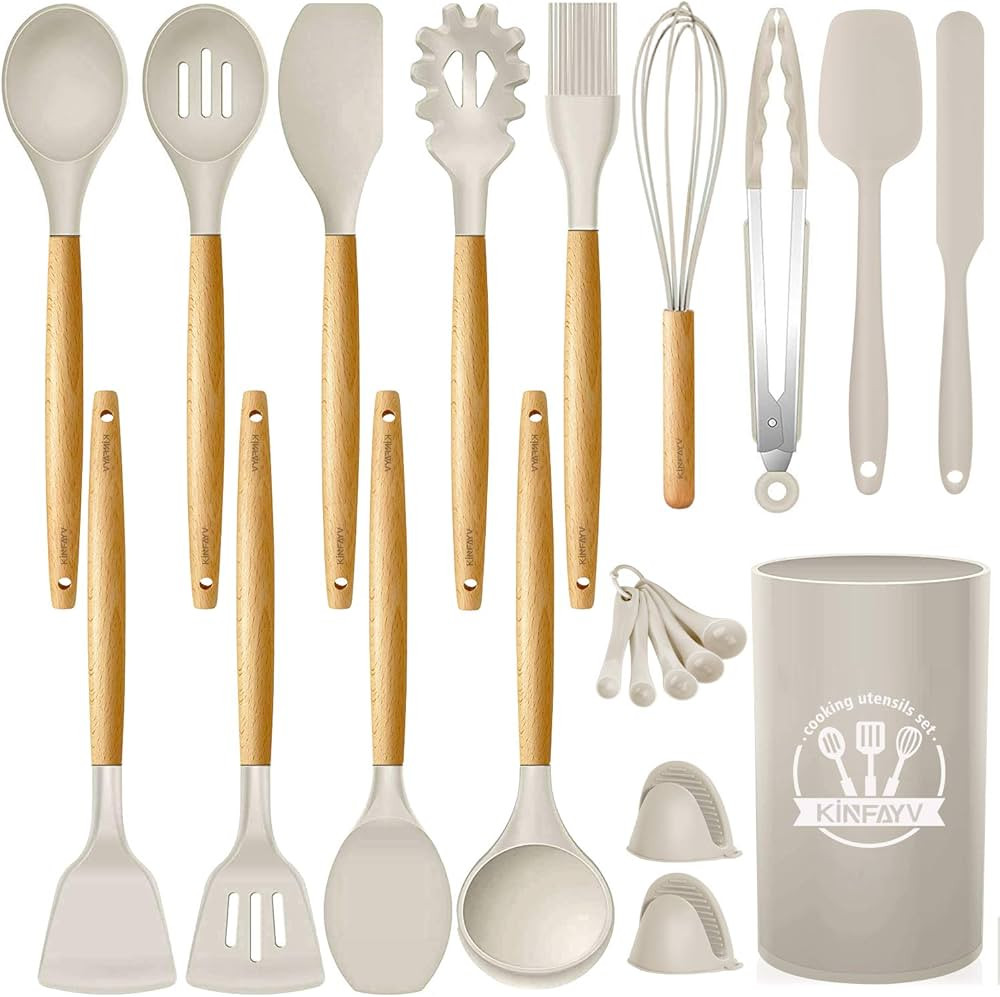 Kinfayv Silicone Cooking Utensils Kitchen Utensil Set, 21 PCS Wooden Handle Nontoxic BPA Free Sil... | Amazon (US)