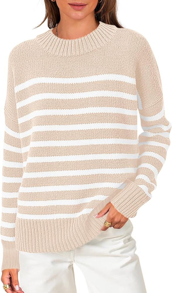 ANRABESS Women Fall Fashion Sweaters Striped Long Sleeve Crewneck Loose Fit Cozy Knit Trendy Pull... | Amazon (US)