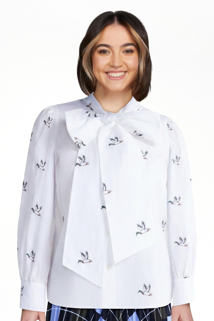 Free Assembly Women's Tie Neck Print Cotton Shirt with Long Puff Sleeves, Sizes XS-XXL | Walmart (US)