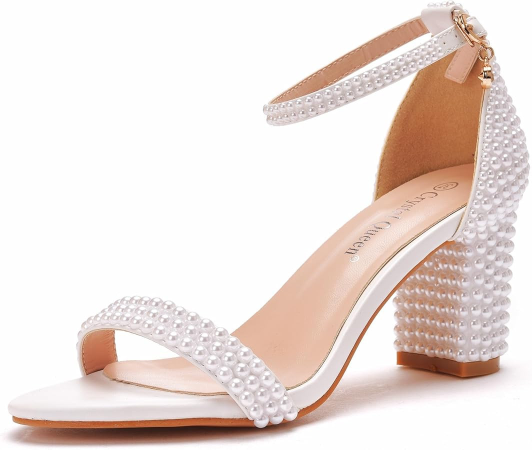 2.95'' Full Pearls Block Heels Sandals Peep Toe Rhinestone Women's Chunky Heel Pump Shoes For Bri... | Amazon (US)