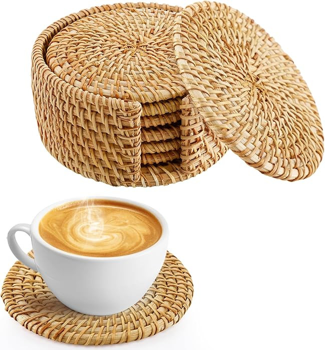 6pcs Natural Handmade Rattan Coasters with Holder - Wicker Drink Coasters Set for Protecting Tabl... | Amazon (US)