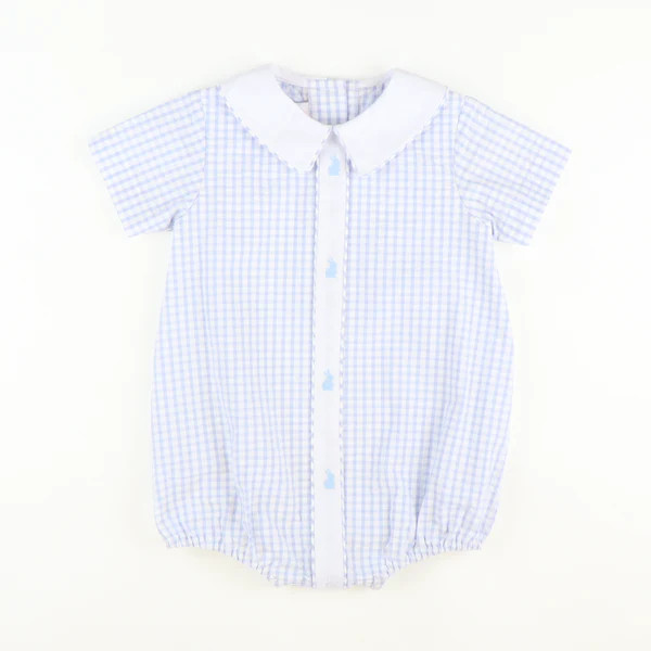 Embroidered Silhouette Bunnies Boy Bubble - Light Blue Check Seersucker | Southern Smocked Co.