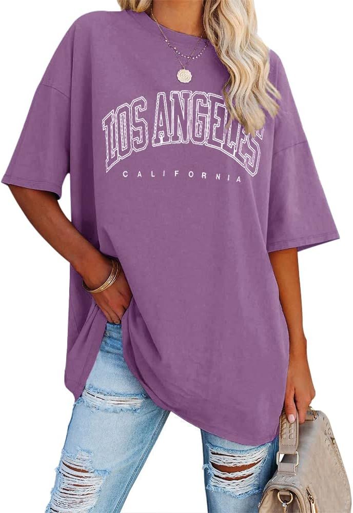 Fazortev Womens Oversized Los Angeles California Graphic T Shirts Half Sleeve Summer Loose Casual Te | Amazon (US)