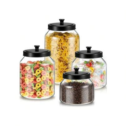 YONGSTYLE 4 Set Glass Jars With Black Lids 34/67/101/128 Oz Glass Canister Set With Sealed Matte Metal Lid For Kitchen Organizer Food Storage Jars For | SHEIN