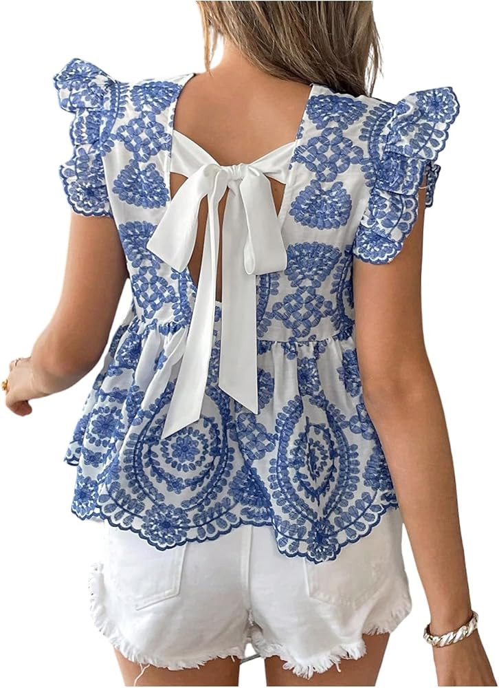 WDIRARA Women's Boho Print Ruffle Cap Sleeve Blouse Tie Back Peplum Tops | Amazon (US)