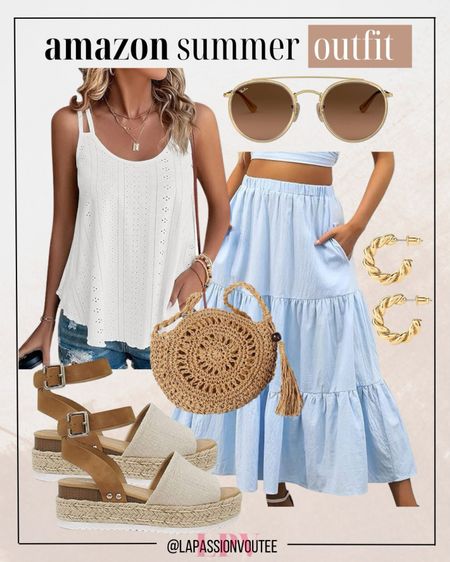 Stay effortlessly chic with an eyelet loose sleeveless top and tiered midi skirt, paired with huggie earrings, stylish sunglasses, a straw bag, and beige sandals. Perfect for sunny summer days!

#LTKStyleTip #LTKFindsUnder100 #LTKSeasonal