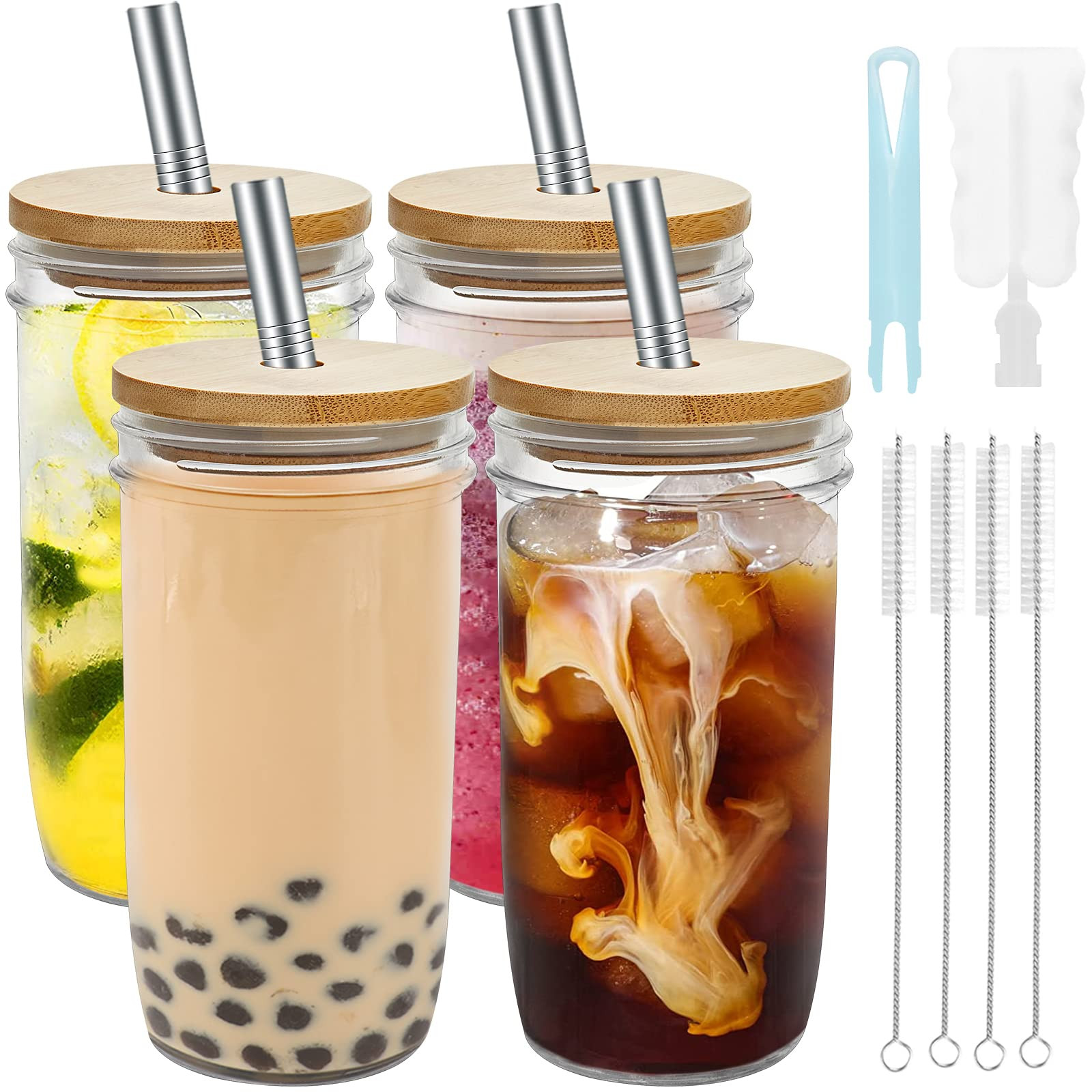 Bubble Tea Cup,4 Pack 24OZ Boba Cup,Smoothie Cups,Glass Tumbler with Straw and Lid, Mason Jar wit... | Amazon (CA)