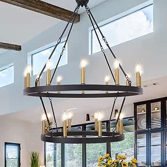 Wellmet Large Chandelier for High Ceilings 2 Tier, Black and Gold Wagon Wheel Chandelier, Farmhou... | Amazon (US)