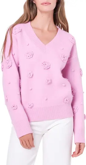 English Factory 3D Flower V-Neck Sweater | Nordstrom | Nordstrom