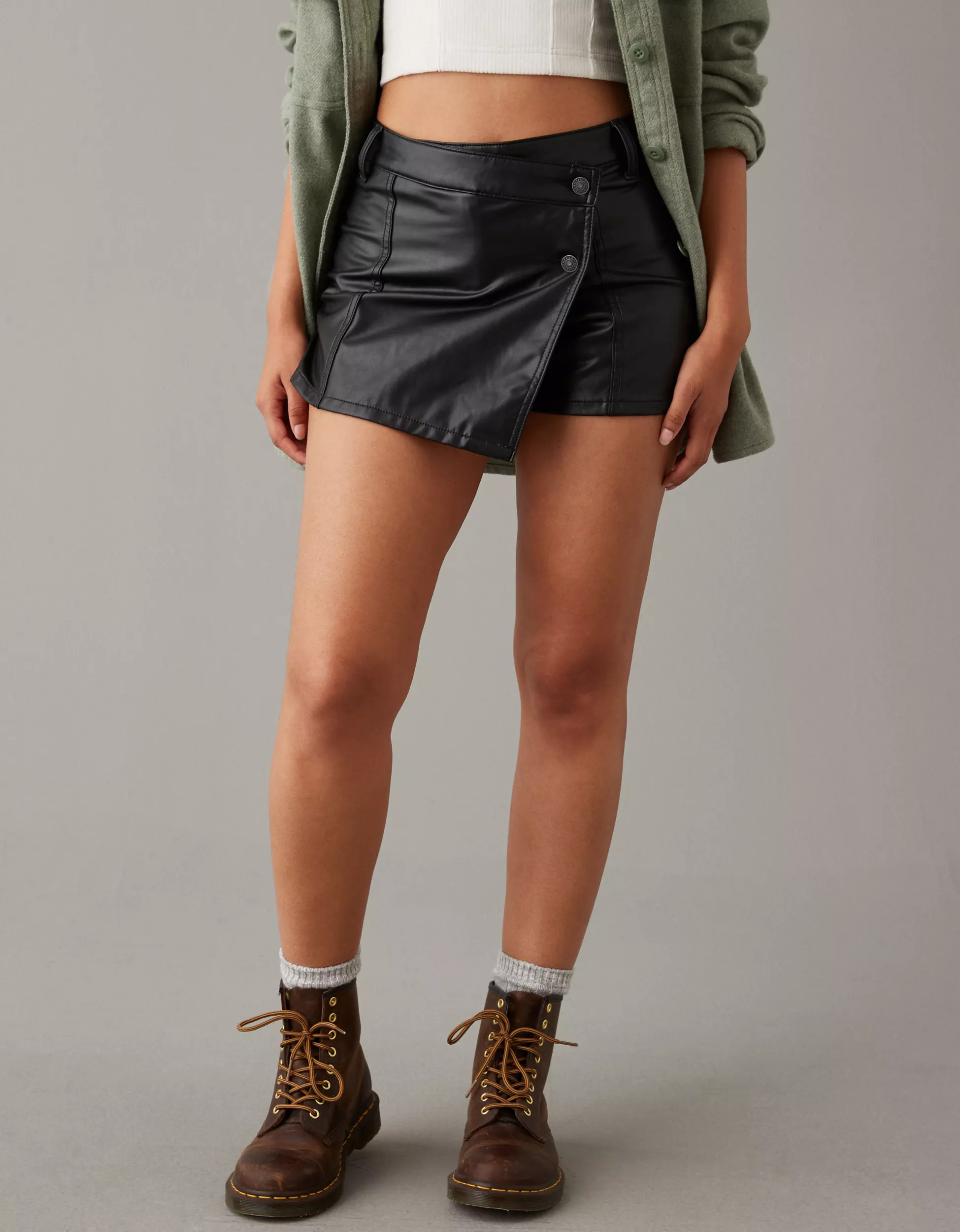 AE High-Waisted Vegan Leather Mini Skort | American Eagle Outfitters (US & CA)