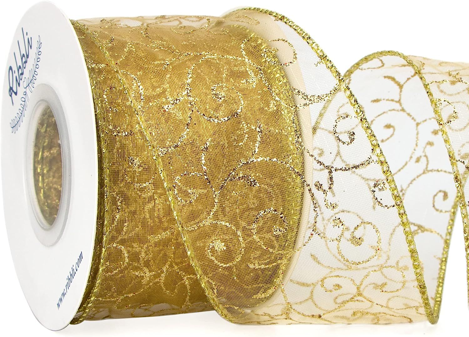 Ribbli Swirl Glitter Wired Ribbon, Gold Organza Sheer Ribbon with Gold Glitter Swirl Pattern and ... | Amazon (US)