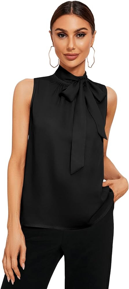 SweatyRocks Women's Elegant Sleeveless Stand Collar Tie Neck Blouse Tank Top | Amazon (US)