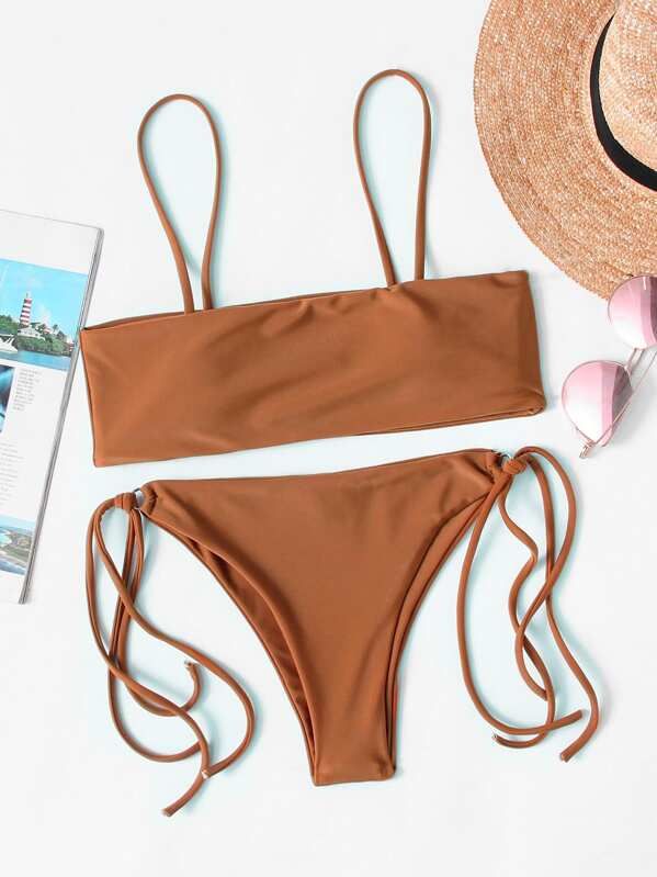 Thin Strap Top With Metal Ring Tie-side Bikini Set | SHEIN