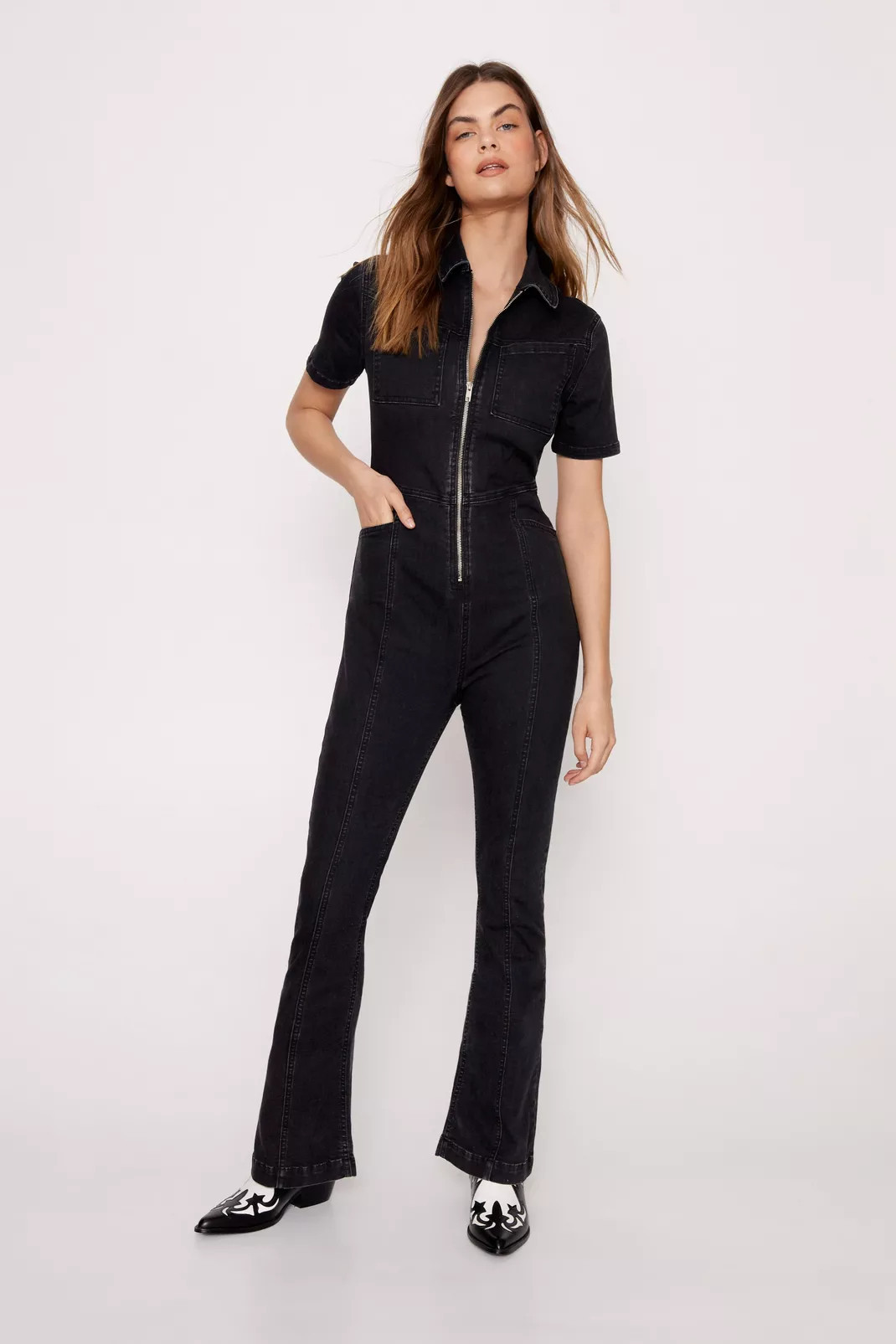 Seam Front Zip Through Flared Denim Jumpsuit | Nasty Gal (US)