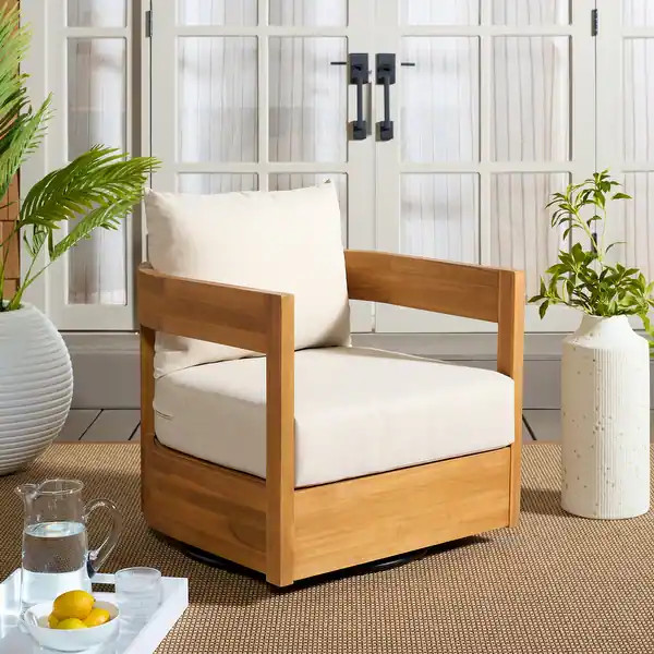 SAFAVIEH Outdoor Patio Furniture Kento Solid Wood Swivel Chair, Fully Assembled - 27"W x 30"D x 2... | Bed Bath & Beyond