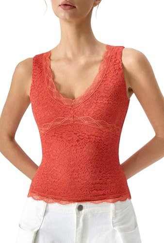 QINSEN Women's V Neck Sleeveless Lace Tank Top Slim Fit Floral Camisole Casual Crop Vest Basic La... | Amazon (US)