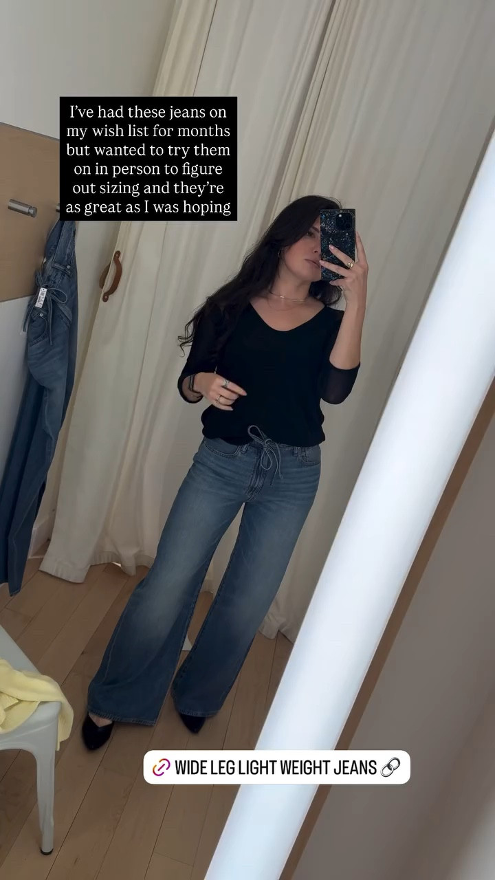I’ve had these jeans on my wish list for months but wanted to try them on in person to figure out sizing and they’re as great as I was hoping. Wide leg lightweight jeans 

#LTKgrwm #LTKootd