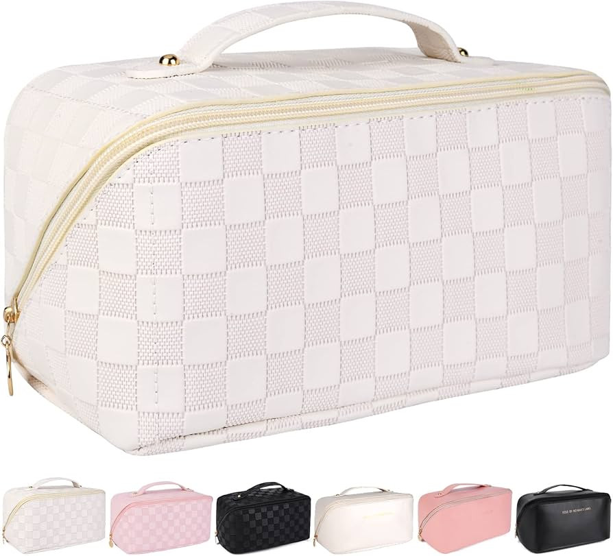 Travel Makeup Bag for Women Large Capacity Cosmetic Bag Waterproof White Checkered Portable PU Le... | Amazon (US)