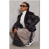 Black Multi Zip Cropped Aviator, Black | PrettyLittleThing UK