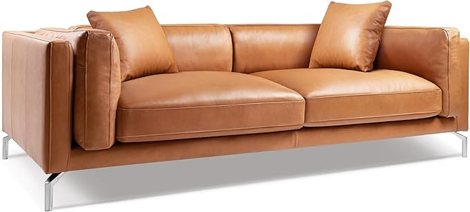Valencia Zadar 92” Wide Cognac Tan Brown Full Leather Sofa | Italian Nappa Leather Cloud Couch ... | Amazon (US)