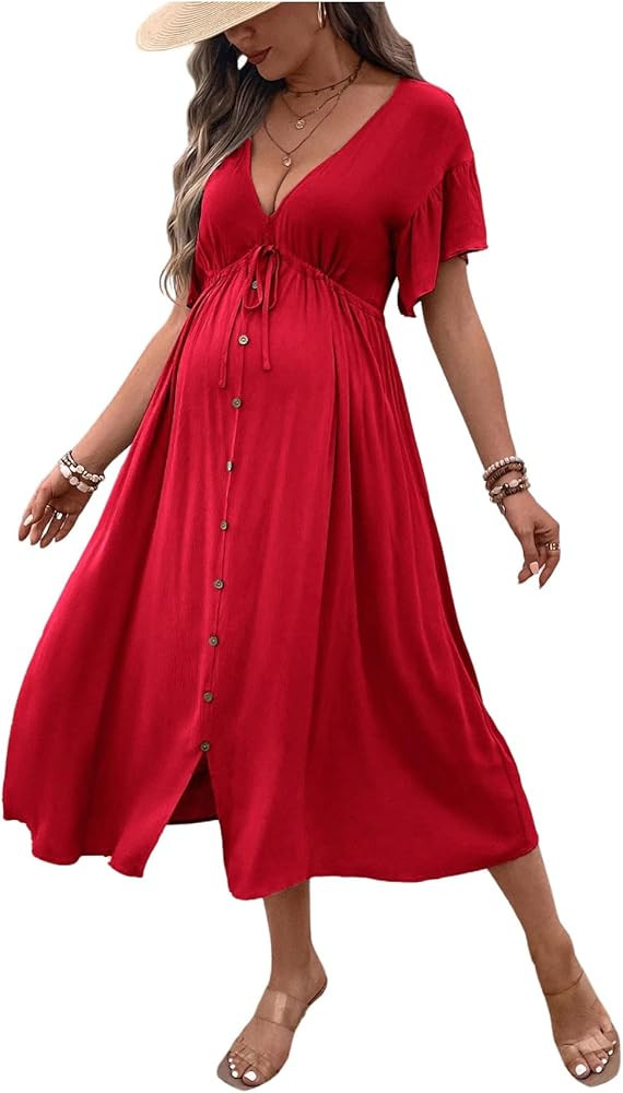 OYOANGLE Women's Maternity Drawstring Waist Midi Dress V Neck Ruffle Short Sleeve Pregnancy Flowy... | Amazon (US)