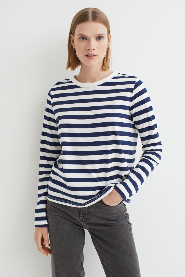 Long-sleeved top in soft cotton jersey with a round, trimmed neckline and straight-cut hem. | H&M (UK, MY, IN, SG, PH, TW, HK)