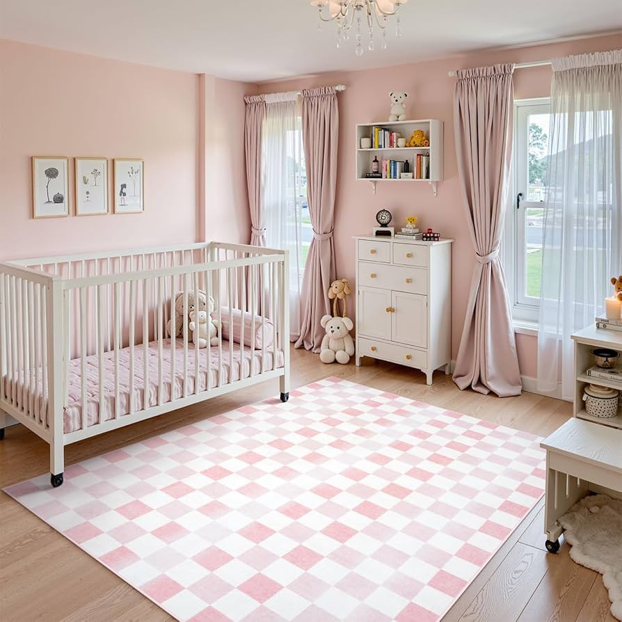 Seavish Ombre Checkered Rug, 5x7 Washable Pink Rugs for Bedroom Aesthetic, Low Pile Soft Non-Slip... | Amazon (US)