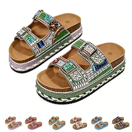 GHTRHSB Women's Fancy Beaded Slide Sandals,Wide Width Slip on Slides Cork,Womens Double Buckle Rhinestone Platform Sandals (green,8) | Amazon (US)
