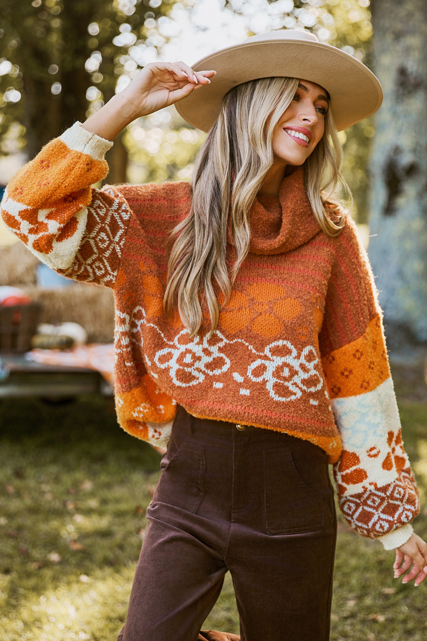 Floral Intarsia Knit Loose Turtleneck Sweater | Cupshe US