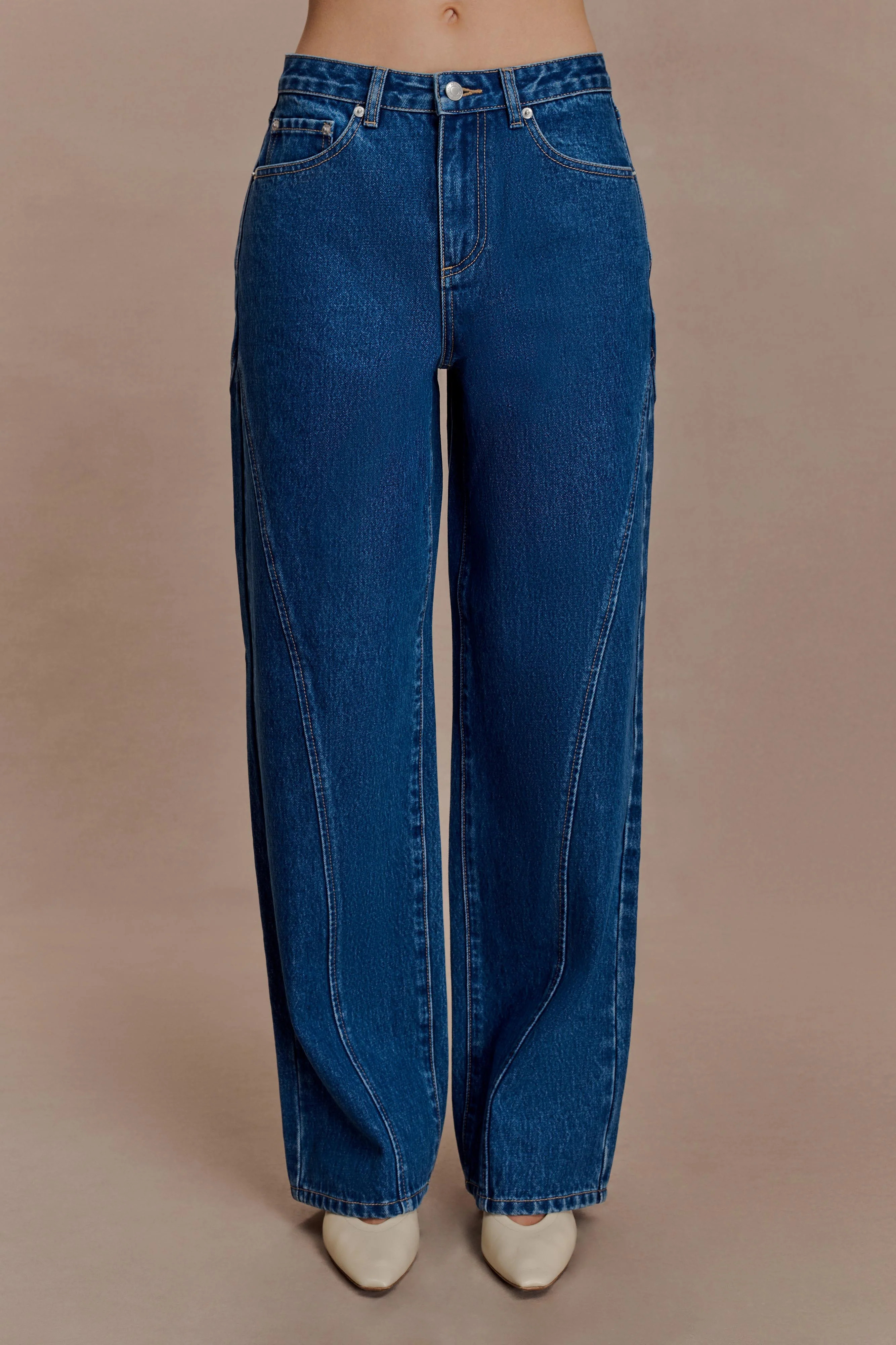 Georgette Mid Rise Paneled Denim Jeans - Dark Blue | MESHKI US