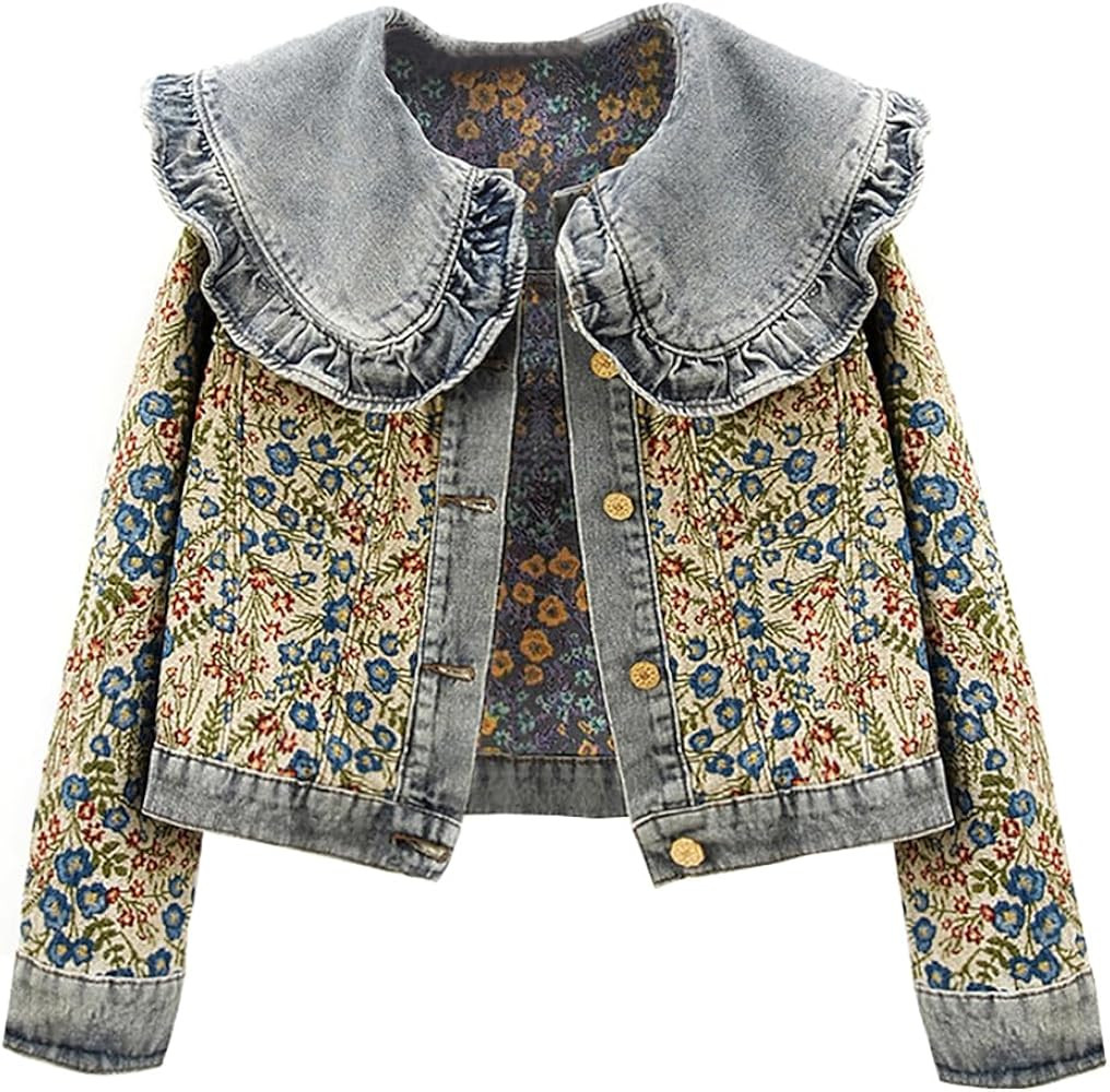 Women’s Sweet Peter Pan Collar Long Sleeve Jacquard Denim Jacket | Amazon (US)