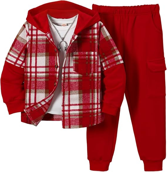 Fdqin 2Pcs Kids Boys Flannel Plaid Shirt Tops Pants Set Hoodie Sweatsuit for Fall Winter Spring O... | Amazon (US)