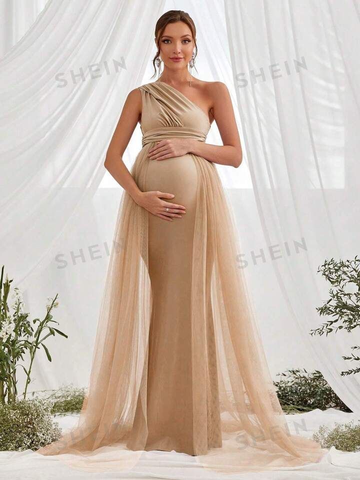 Maternity One Shoulder Mesh Overlay Dress | SHEIN