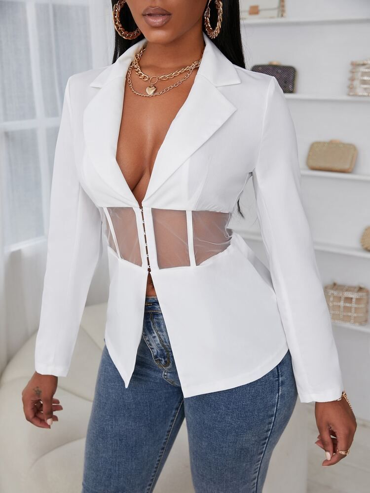 Mesh Panel Hook And Eye Blazer | SHEIN