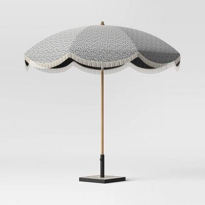 8.5' Round Patio Umbrella DuraSeason Fabric™ with Scalloped Edge and Fringe Black Dots - Light ... | Target