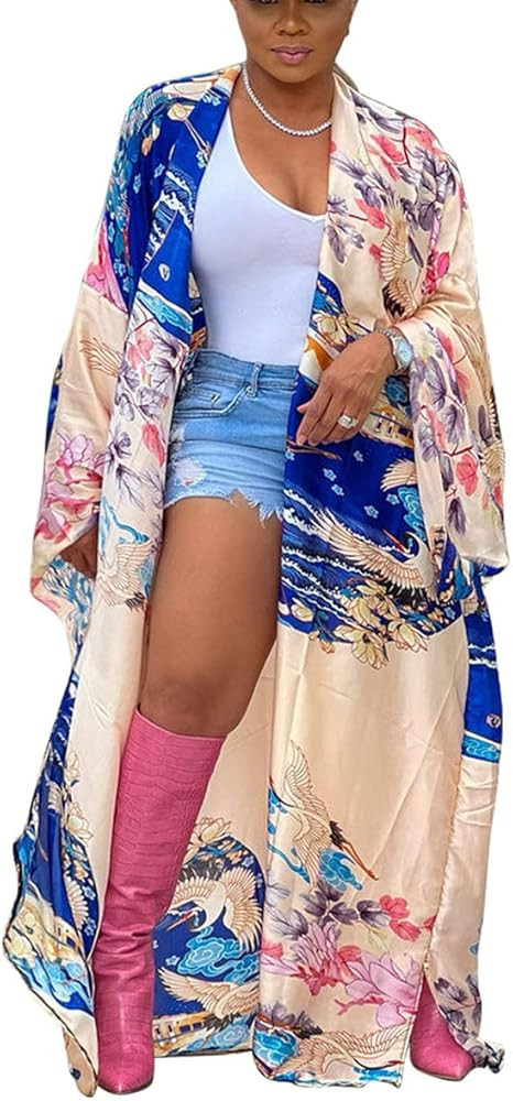 Kimono Cardigan for Women Long Boho Satin Kimono Robes Plus Size Open Front Beach Swimsuit Cover ... | Amazon (US)