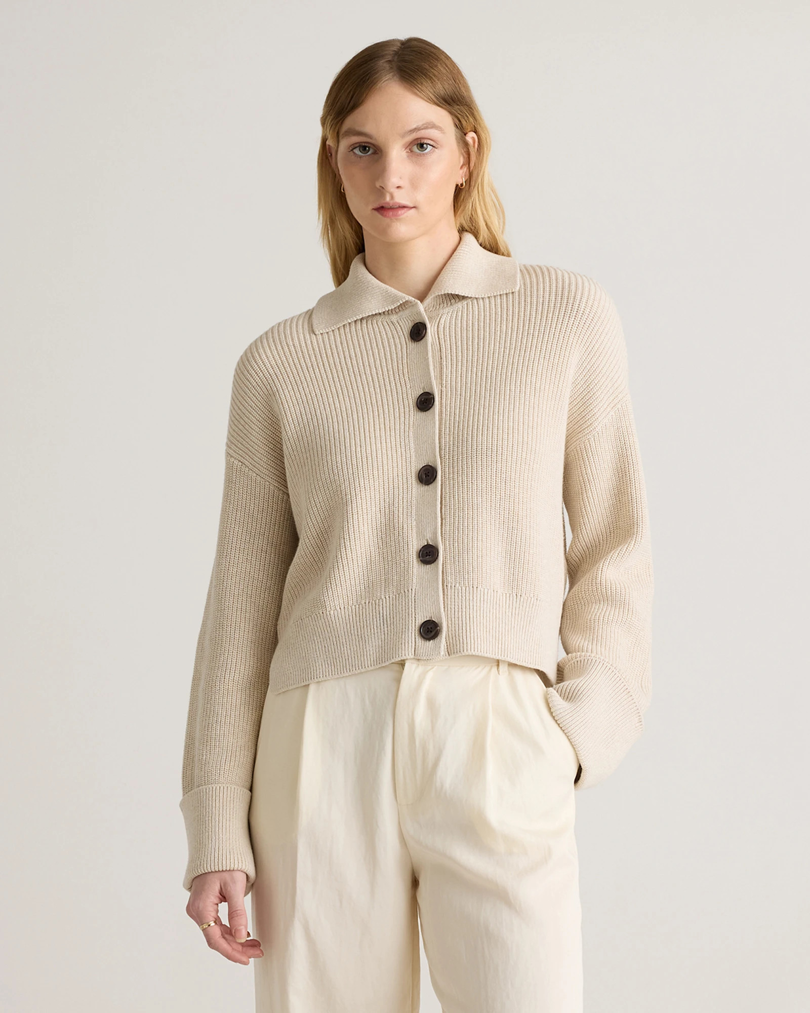 Quince | Women's Fisherman Collared Cardigan Sweater in Ivory, Size Medium, Organic Cotton | Quince