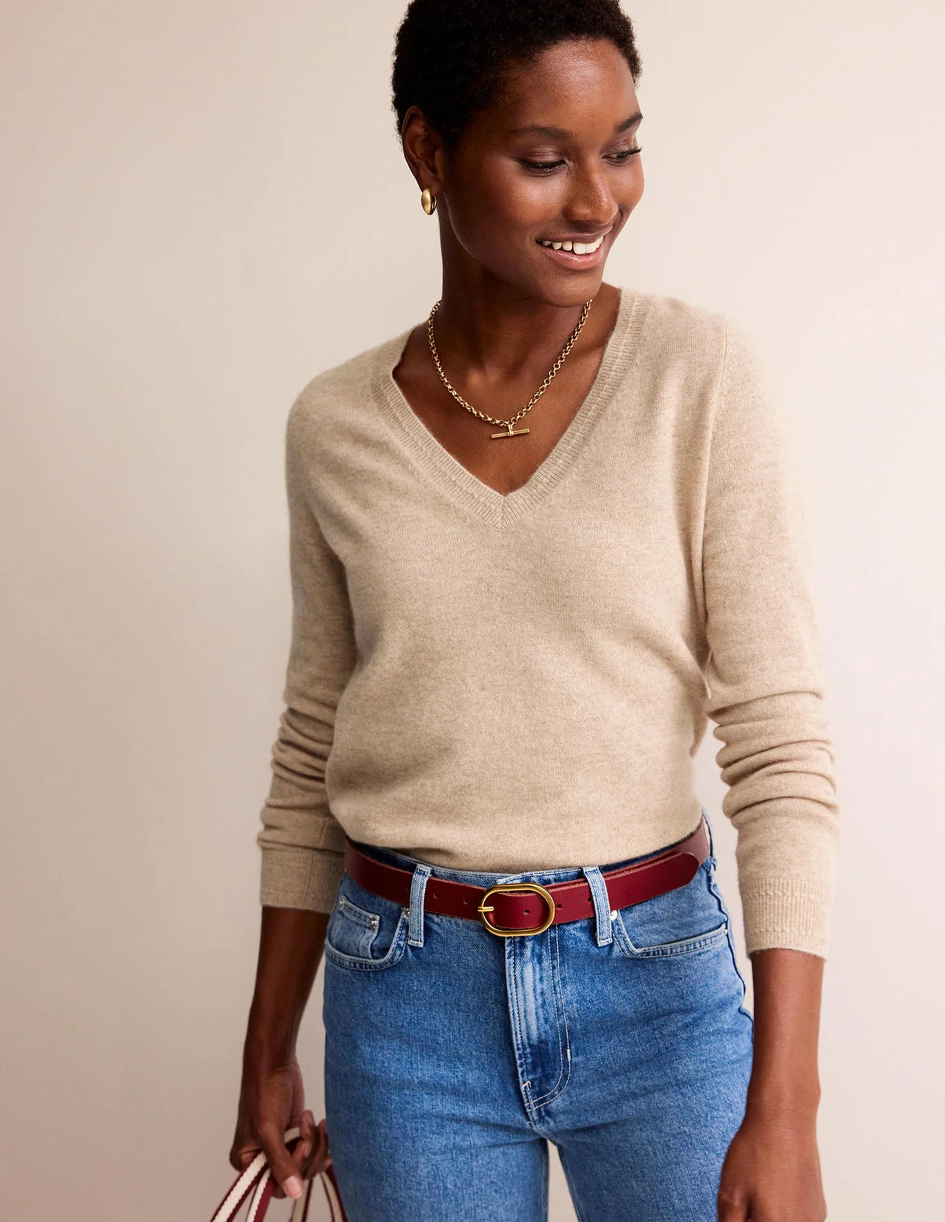 Eva Cashmere V-Neck Jumper - Chinchilla Melange | Boden UK | Boden UK