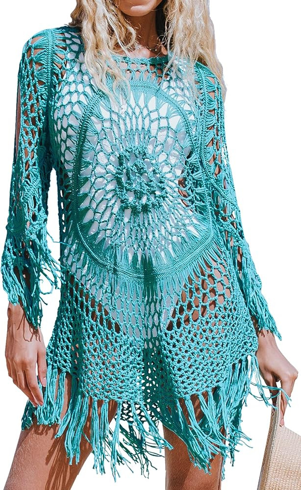 CUPSHE Women's Cover Up Blue Crochet Hollow Out Tassel Swimsuit Three Quarter Sleeve, S : Clothin... | Amazon (US)