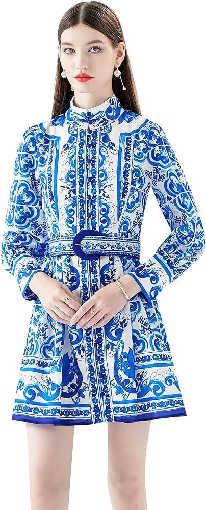 LAI MENG FIVE CATS Women's Vintage Floral Print Button Lantern Sleeve Casual A-line Mini Dress | Amazon (US)