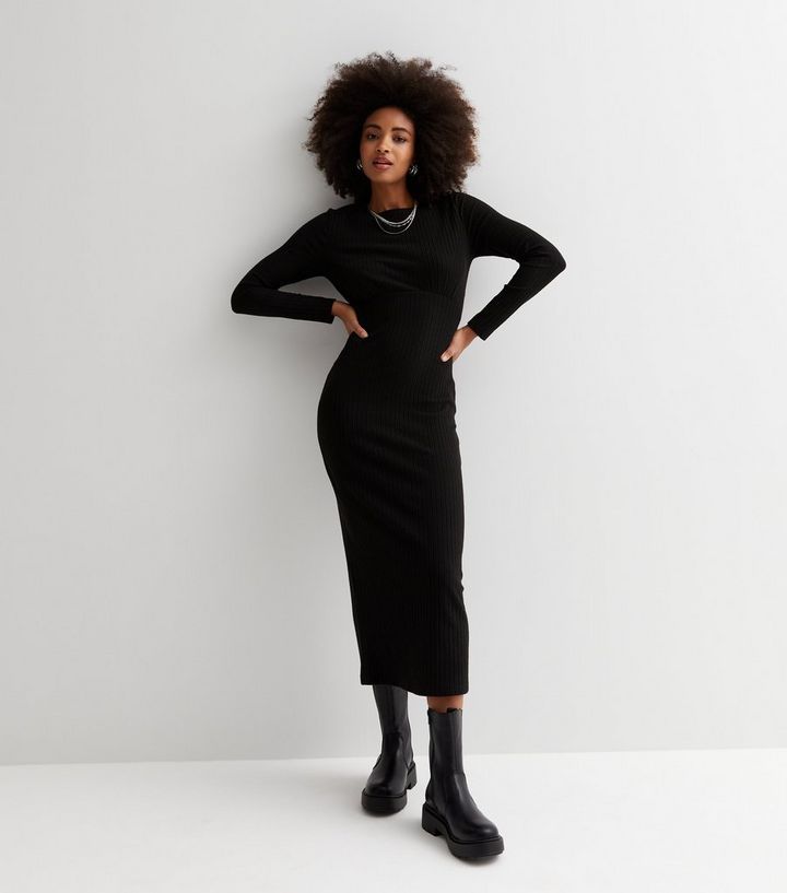 Black Ribbed Knit Crew Neck Long Sleeve Midi Bodycon Dress | New Look | New Look (UK)