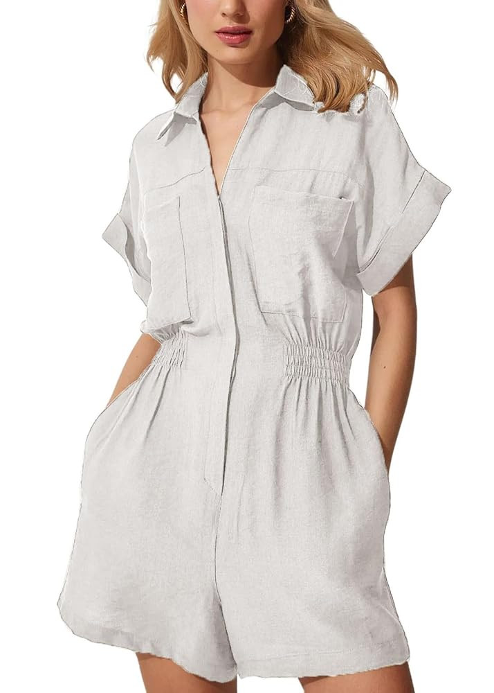 utcoco Women's Summer Casual Cotton Linen Short Sleeve Rompers Smocked Waist Loose Fit Shorts Jum... | Amazon (US)