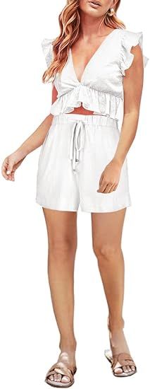 FANCYINN Womens Two Pieces Vacation Outfits Deep V Neck Ruffles Crop Top Drawstring Shorts Set | Amazon (US)