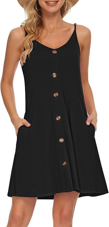MISFAY Women Summer Spaghetti Strap Button Down V Neck Sleeveless Causal Beach Cover Up Dress wit... | Amazon (US)