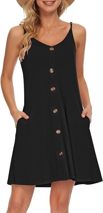 MISFAY Women Summer Spaghetti Strap Button Down V Neck Sleeveless Causal Beach Cover Up Dress wit... | Amazon (US)