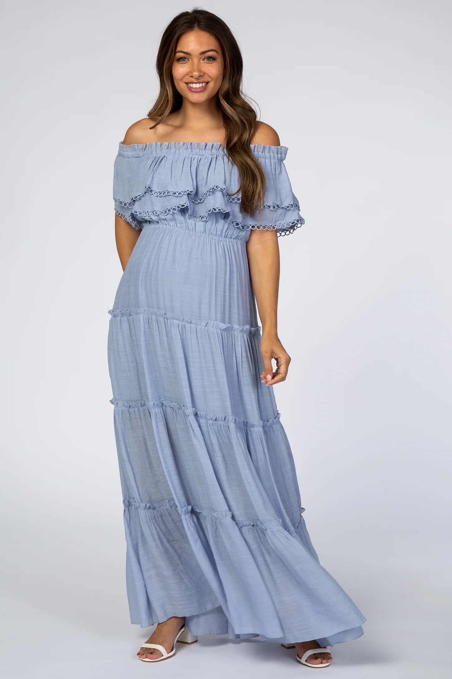 Light Blue Off Shoulder Eyelet Tiered Maternity Maxi Dress | PinkBlush Maternity
