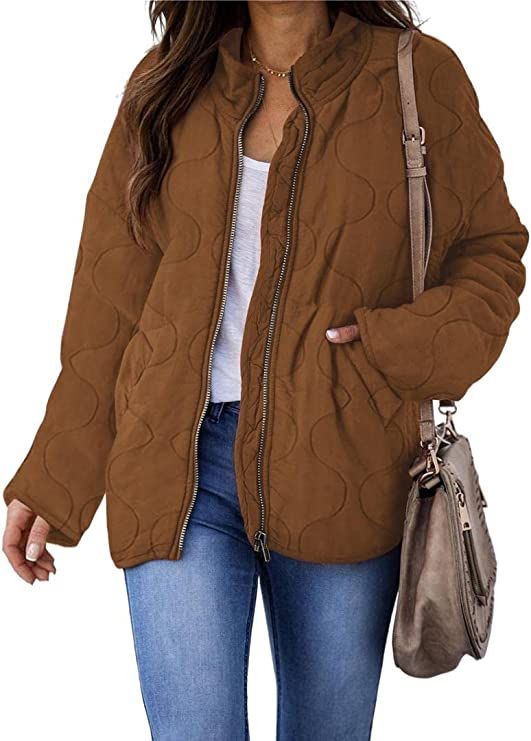 Zwurew Womens Drop Shoulder Quilted Lightweight Jackets Zip Up Long Sleeve Bomber Jacket Stand Co... | Amazon (US)