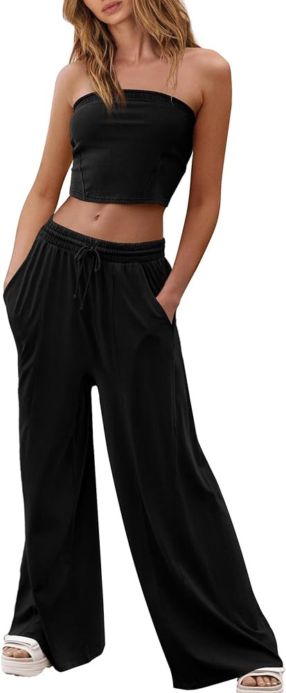 Yanekop Womens 2 Piece Lounge Set Tube Top and Pants Set Travel Sexy Two Piece Outfits Summer Bea... | Amazon (US)