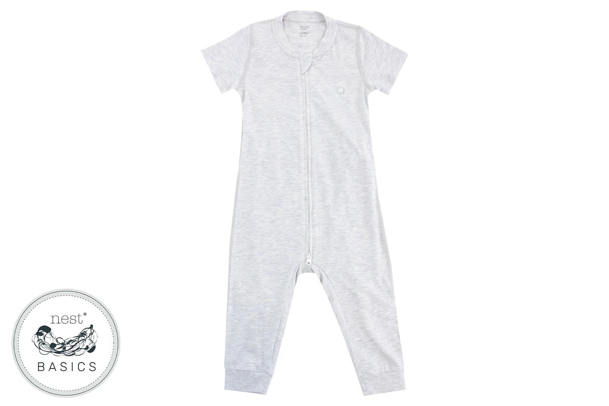 Basics Bamboo Cotton Short Sleeve Drop Bottom Romper - Grey Dawn | Nest Designs